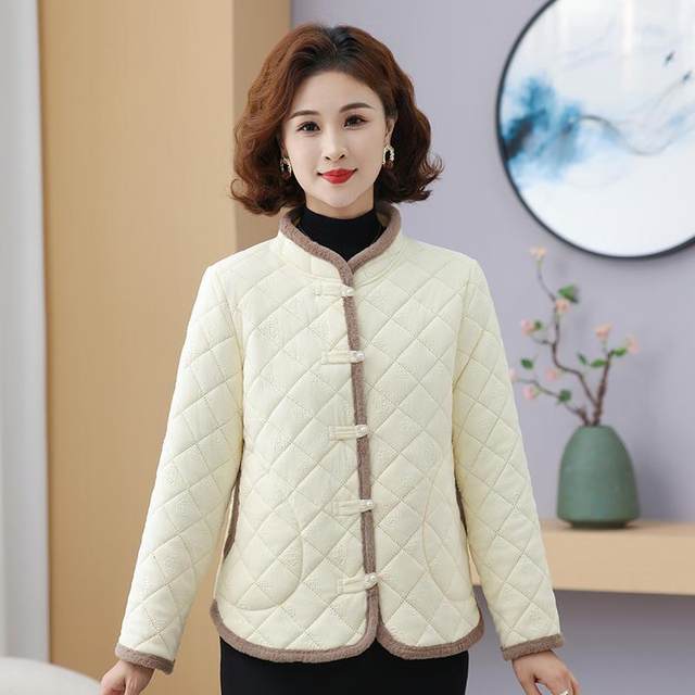Real wear autumn and winter new cotton coat casual simple mother suit short stand collar retro buckle cotton coat for women
