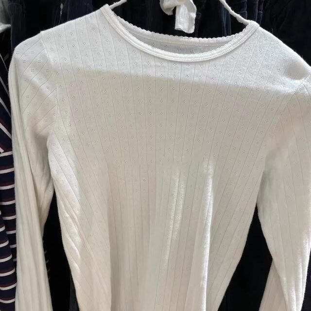 BM hollow net Eye long -sleeved T -shirt women's official website spring and autumn new white lace round necklasses slimming thin top
