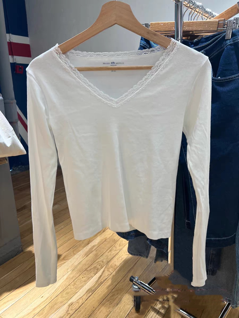 BM official website lace V -neck long sleeve T -shirt spring and autumn is full of thin casual solid colors set pure cotton white lady top
