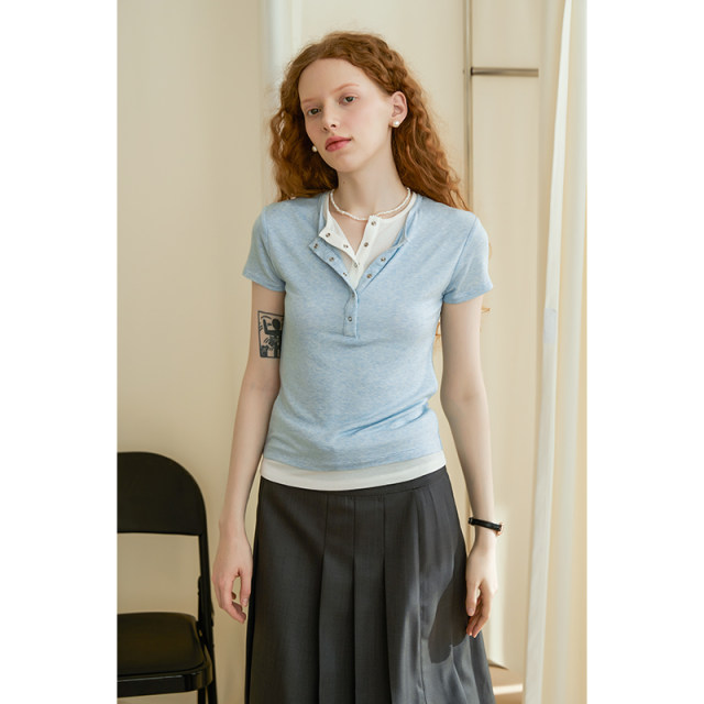 Henry neck retro American Tennis wool fake two-piece skin-friendly short-sleeved T-shirt for women's design inner slim body
