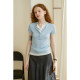 Henry neck retro American Tennis wool fake two-piece skin-friendly short-sleeved T-shirt for women's design inner slim body
