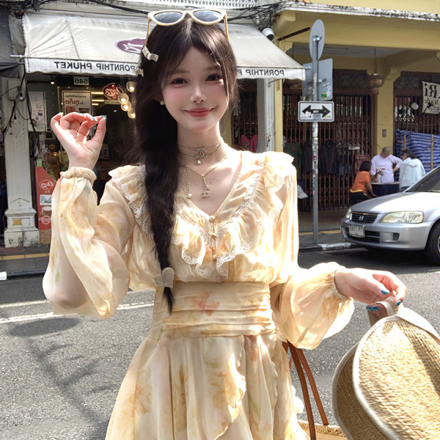 Acaine Long Island Ice Tea/Medium-length Printed Chiffon Long Sleeve V-neck Dress for Women Summer French Retro Skirt