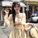 Acaine Long Island Ice Tea/Medium-length Printed Chiffon Long Sleeve V-neck Dress for Women Summer French Retro Skirt