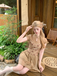 AcaineA color( tea color smoke rain) milk wear summer dress retro new Chinese cheongsam dress