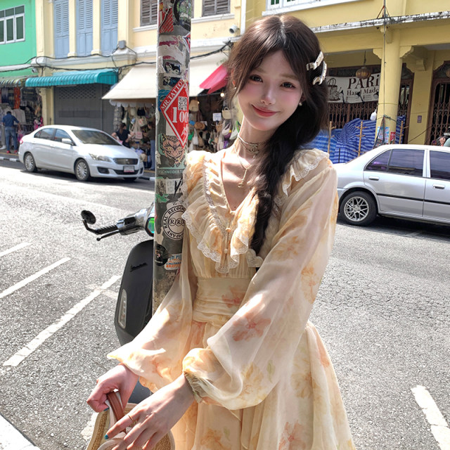 Acaine Long Island Ice Tea/Medium-length Printed Chiffon Long Sleeve V-neck Dress for Women Summer French Retro Skirt