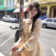 Acaine Long Island Ice Tea/Medium-length Printed Chiffon Long Sleeve V-neck Dress for Women Summer French Retro Skirt