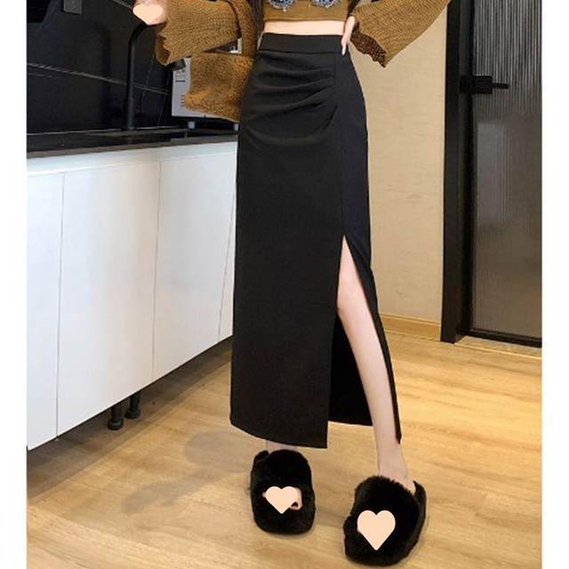 
Designed slit skirt with high waist irregular mid-length autumn and winter slimming new black fashionable pleated one-step skirt