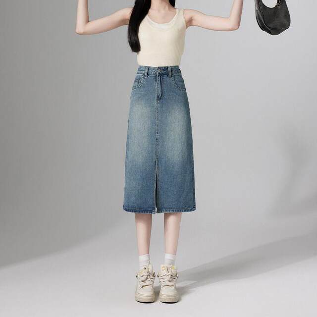 High waist slit denim skirt for women 2024 summer new small a-line skirt retro hip skirt long skirt
