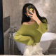 Spring long-sleeved one-length neck off-shoulder top perspective sun protection wrinkle chiffon shirt blouse air conditioning shirt short top for women