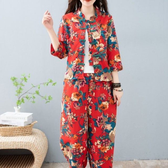 Northeast large flower summer suit fashionable printed shirt short jacket women's bloomers ethnic style cotton and linen two-piece set