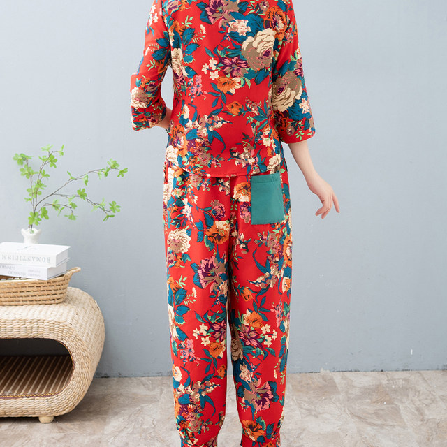 Northeast large flower summer suit fashionable printed shirt short jacket women's bloomers ethnic style cotton and linen two-piece set