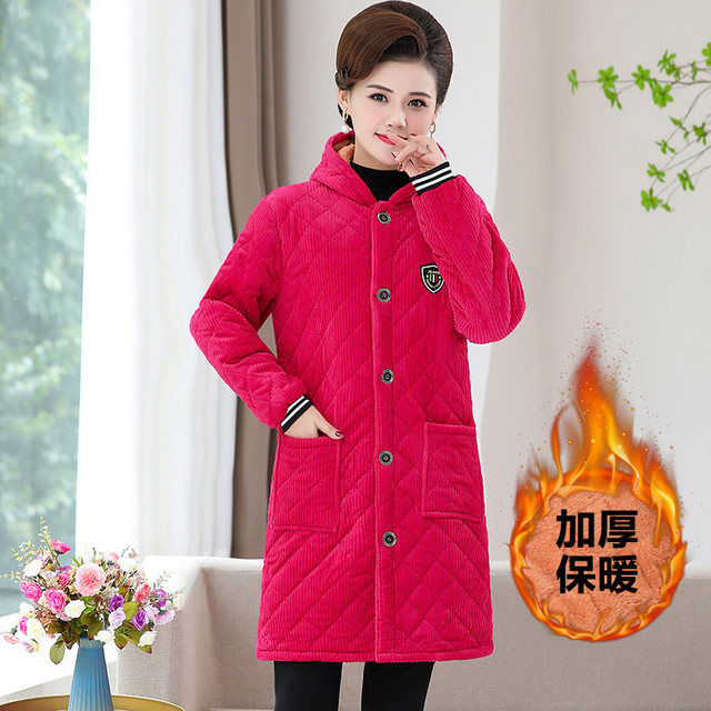 Middle -aged and elderly loose cotton covers with velvet women's middle and long mothers in winter plus velvet jacket cotton jacket thickened warm sleeve hanging
