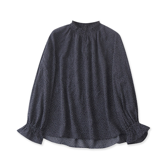 Foreign Trade Daily Single Women's Flag Cuff Shirt Spring New Style Wood Earring Round Neck Loose Fashion Polka Dot Shirt
