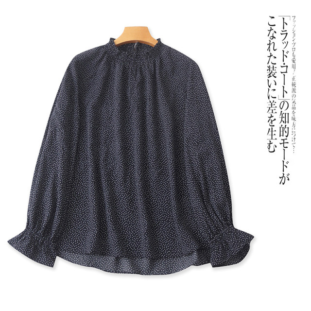Foreign Trade Daily Single Women's Flag Cuff Shirt Spring New Style Wood Earring Round Neck Loose Fashion Polka Dot Shirt
