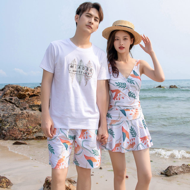 
Men's beach pants couple's beach honeymoon vacation suit swimsuit women's one-piece skirt style conservative quick-drying hot spring swimwear