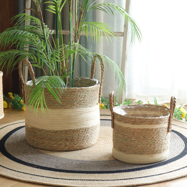 Nordic rattan woven straw flower pots, green plants, floor-standing large set of pots, woven flower baskets, high-end light luxury home decoration baskets