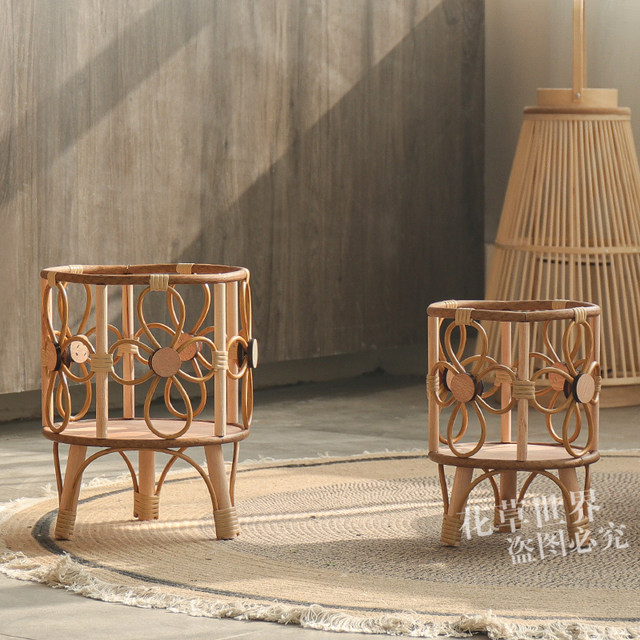 Nordic rattan floor-standing flower stand flower pot plastic rattan woven flower basket green plant set pot home living room balcony decoration flower utensil
