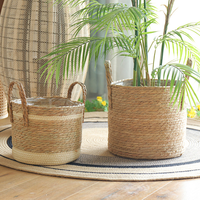 Nordic rattan woven straw flower pots, green plants, floor-standing large set of pots, woven flower baskets, high-end light luxury home decoration baskets