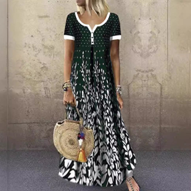 Zeyp new model Amazon European and American spring and summer temperament long skirt cotton positioning printed V-neck short-sleeved large-size dress
