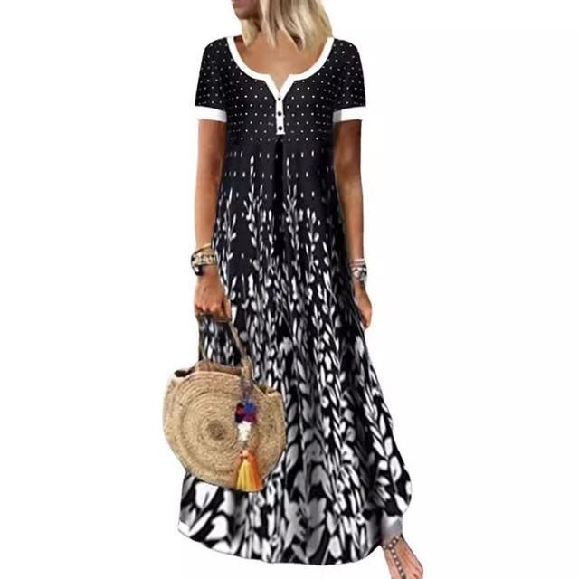 Zeyp new model Amazon European and American spring and summer temperament long skirt cotton positioning printed V-neck short-sleeved large-size dress