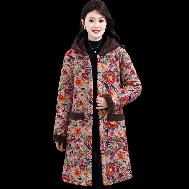 Mom's winter clothes plus velvet thickened floral cotton coat jacket middle-aged and elderly women's mid-length cotton jacket warm hooded cotton jacket