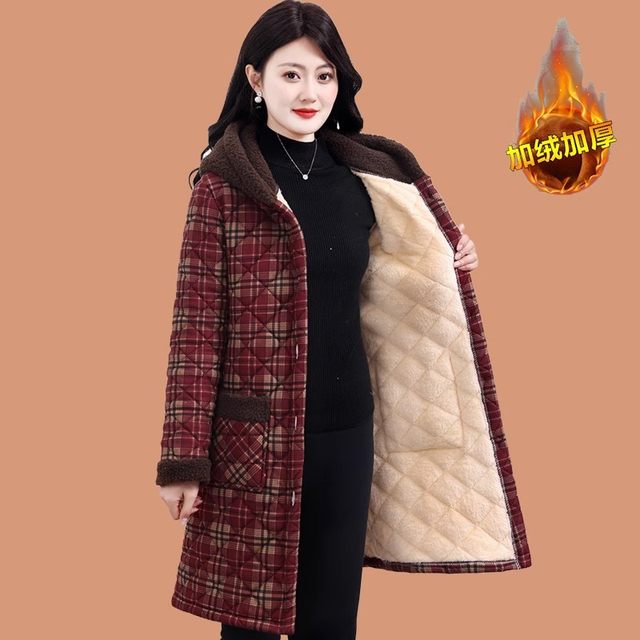 Mom's winter clothes plus velvet thickened floral cotton coat jacket middle-aged and elderly women's mid-length cotton jacket warm hooded cotton jacket