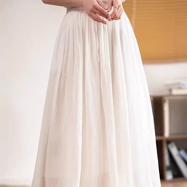 Literary elastic waist versatile double-layer large hem skirt slim and tied A-line ramie skirt for women 2025 summer new style