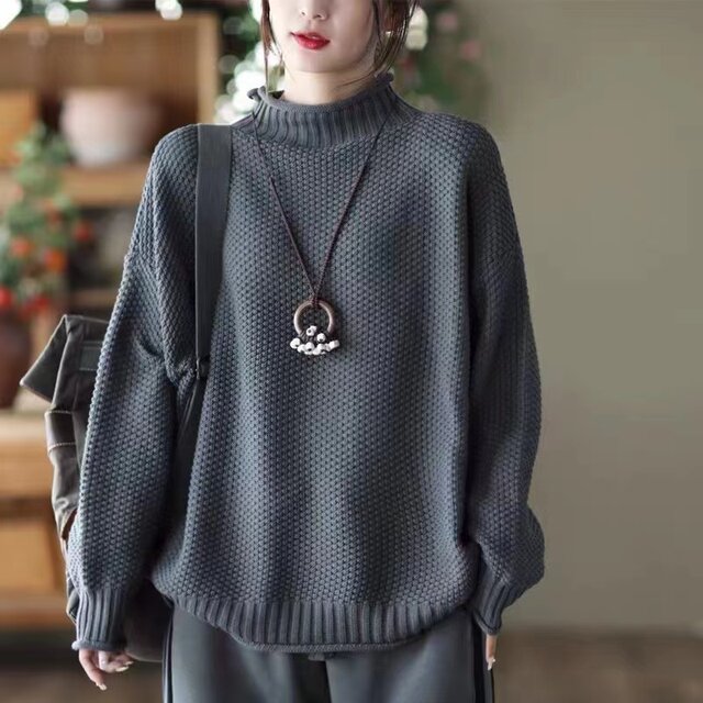 New autumn purple half turtleneck cotton thread sweater for women loose large size meat covering casual versatile pullover knitted thread