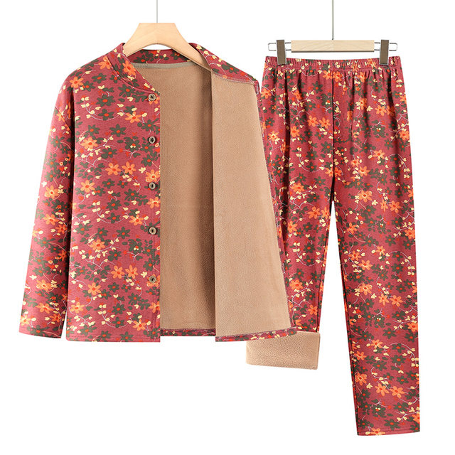 
Thermal underwear set for middle-aged and elderly mothers, autumn and winter thickened velvet autumn clothes and autumn trousers, grandma cardigan home wear