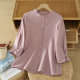 
New 2025 Chinese embroidered cotton and linen shirt for women with 7-quarter sleeves loose large-size stand-up collar shirt light blue white