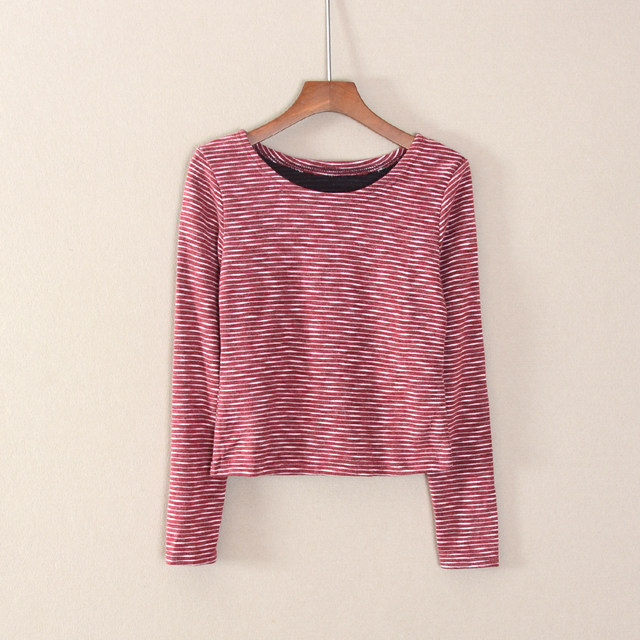 2024 autumn new women's clothing sweet pullover short round neck striped slim long-sleeved sweater to look slim
