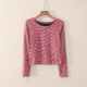2024 autumn new women's clothing sweet pullover short round neck striped slim long-sleeved sweater to look slim