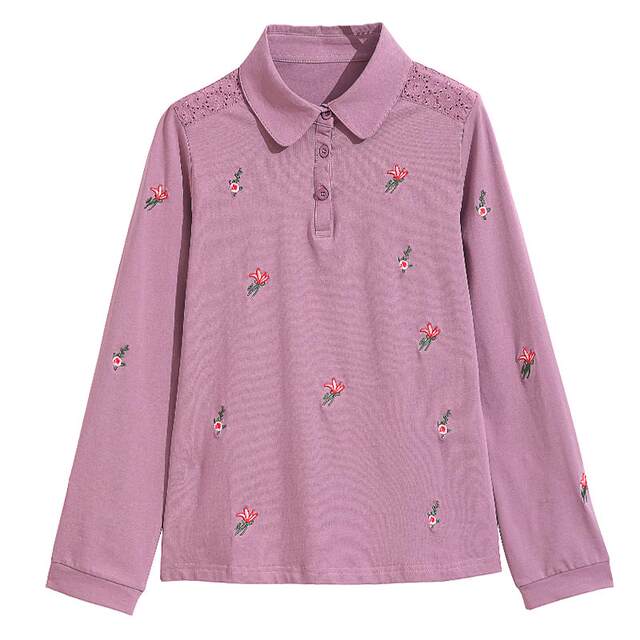 Purple long -sleeved lapel T -shirt female new cotton cotton middle -aged and elderly mother loose shirt pure cotton POLO embroidered top
