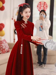 Cheongsam toasting New Year Wargown Autumn Winter Wedding Dress Superior Dress Back to the Door Dress