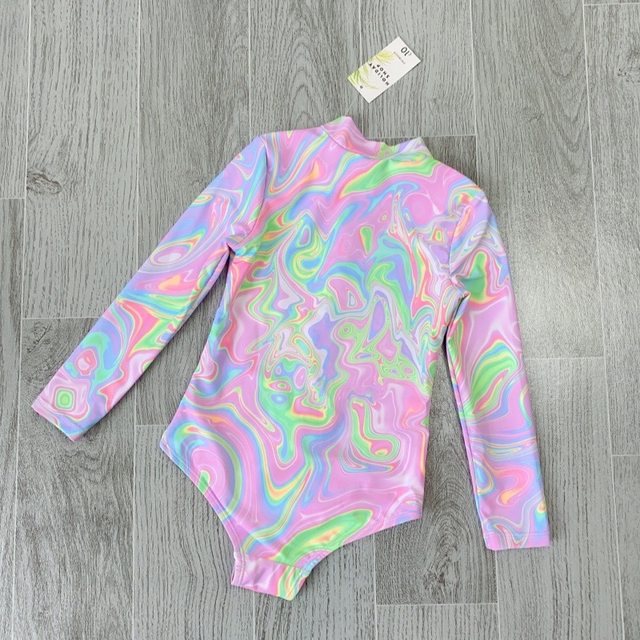 Amber exports to British versions for girls long-sleeved sun protection triangle swimsuit pink and purple front zipper 4-13 years old