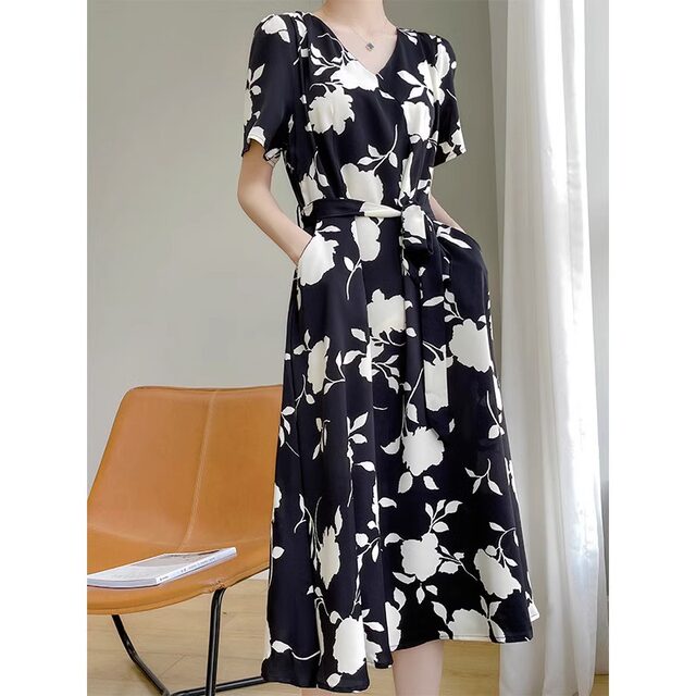 2024 new summer acetate satin V-neck short-sleeved dress for women French high-end temperament belt to slim waist