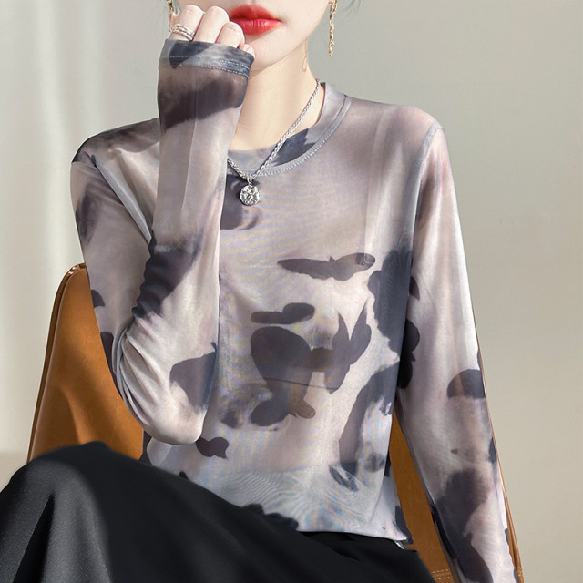 2025 spring new ink tie-dye design long-sleeved base shirt for women mesh round neck printed loose T-shirt top