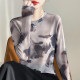 2025 spring new ink tie-dye design long-sleeved base shirt for women mesh round neck printed loose T-shirt top