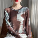 2025 spring new ink tie-dye design long-sleeved base shirt for women mesh round neck printed loose T-shirt top
