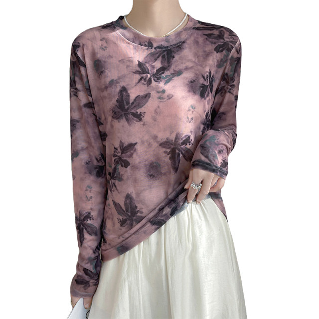 2025 spring new ink tie-dye design long-sleeved base shirt for women mesh round neck printed loose T-shirt top