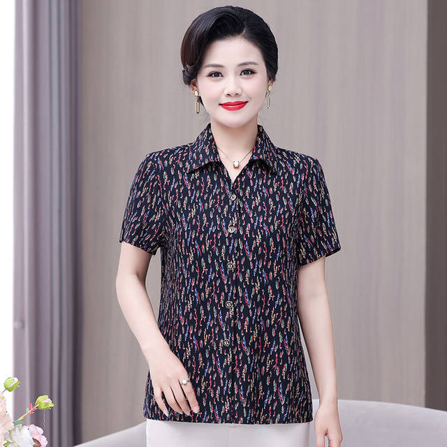 Middle-aged and elderly women's summer clothes, cotton short-sleeved shirt, mother, grandma, artificial cotton large-size cardigan, women's clothes, women's cotton silk
