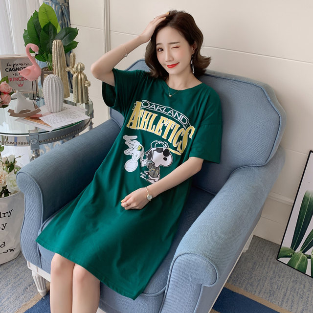 Korean cartoon digital printed student physical shirt female large size loose medium long green cotton short -sleeved T -shirt skirt summer