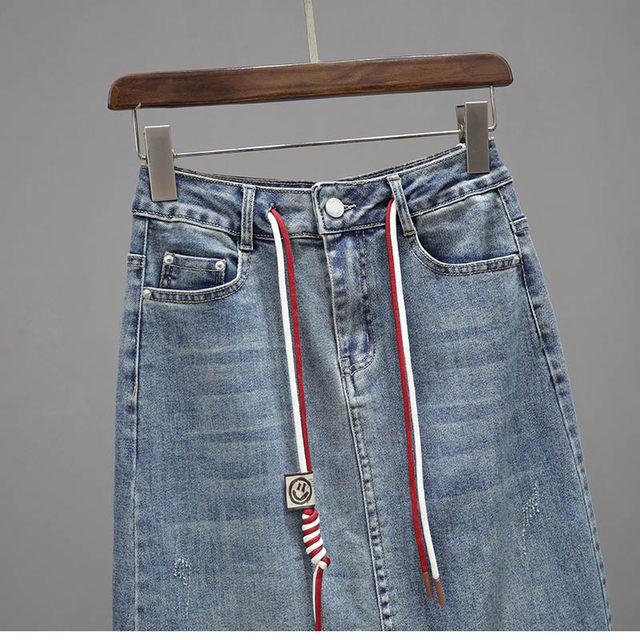 2025 spring and summer lace-up denim skirt for women with high waist elastic hip slit skirt trendy and fashionable mid-length skirt