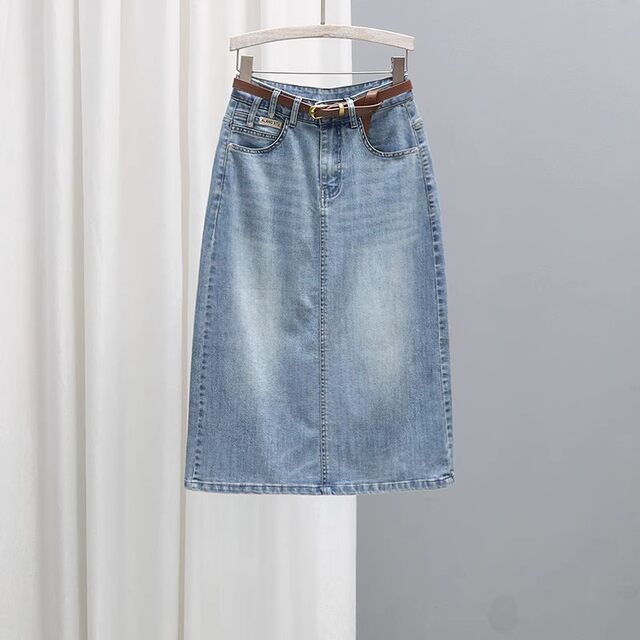 Summer mid-length high-waist denim skirt 2025 loose slim dark blue skirt versatile rear slit hip-pack skirt