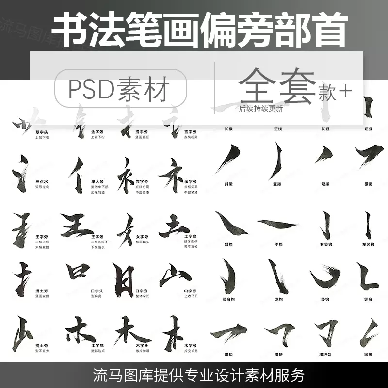 书法字体笔画汉字古风手写毛笔笔触偏旁部首字贴海报psd分