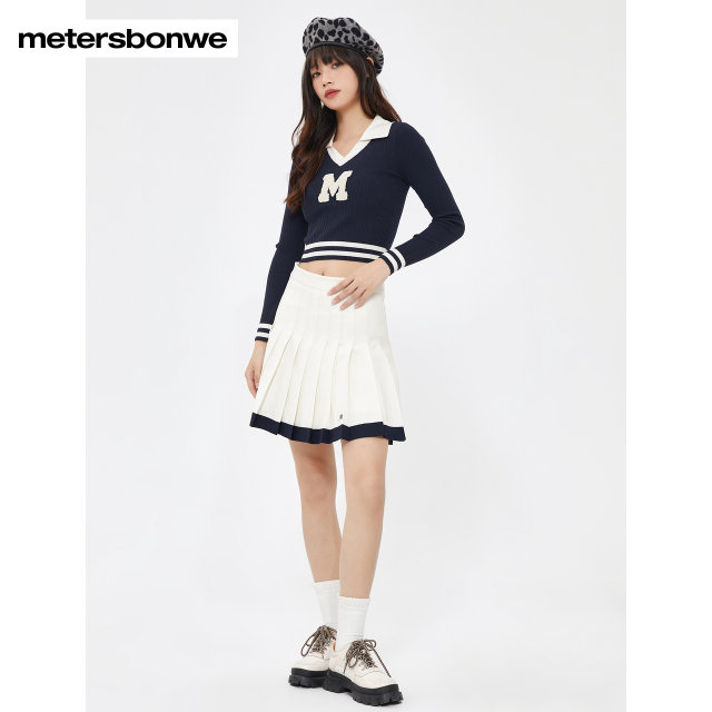 Metersbonway skirt for women autumn new versatile and comfortable contrasting color spliced ​​pleated skirt for slim short skirt A-line skirt
