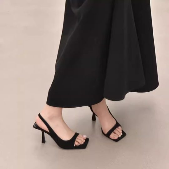 French polka dot strap sandals for women 2025 summer new stiletto square toe open toe with skirt and high heels