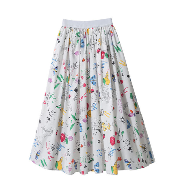 Spring new Korean version small fresh high waist slim A-line large hem skirt commuting cartoon printed mid-length cotton skirt
