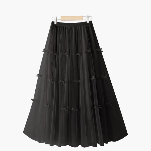 Spring retro princess fairy high waist Japanese solid color bow lace stitching gauze net long skirt