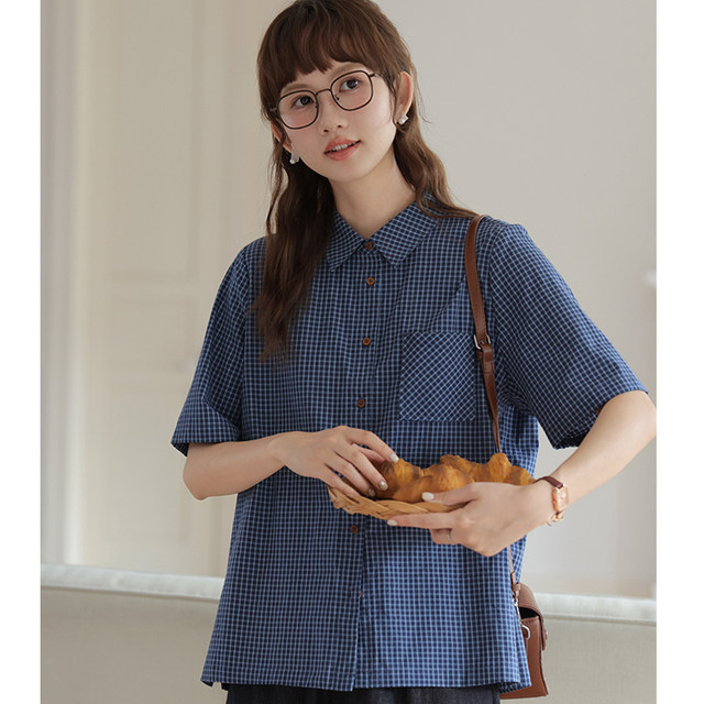 women's plaid short-sleeved shirt for women's retro summer plaid loose Korean mid-sleeved casual shirt